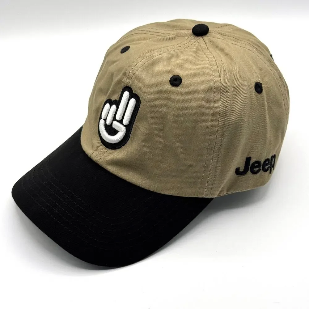 Jeep Wave Twill Embroidered Hat Cap Adjustable Strap Back Khaki Black